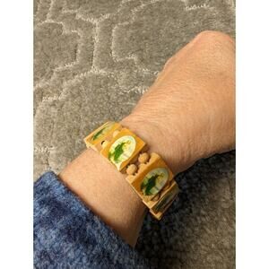 St Jude Bracelet Wooden Panel Beaded Stretch Bohemian Christian Cottage Saints